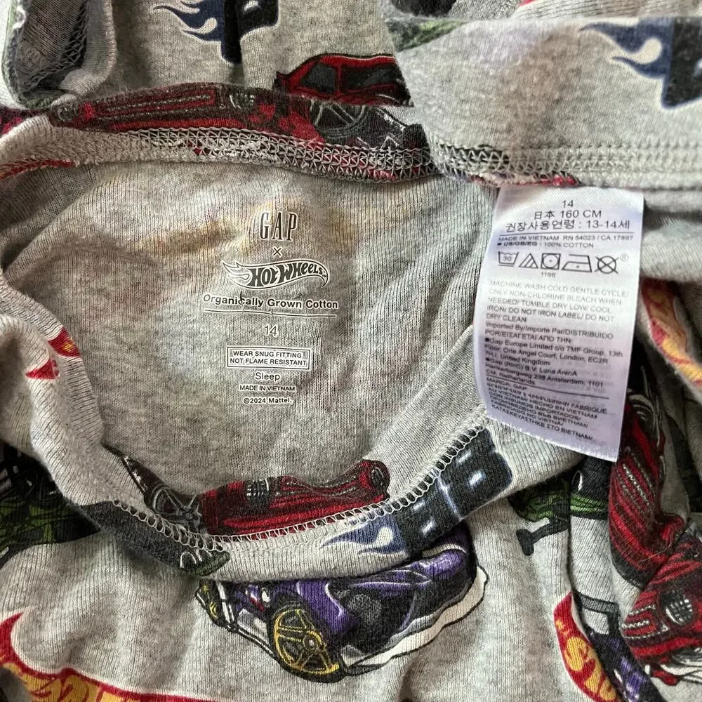 Gap Organic Cotton Grey Hot Wheels Pajama Set Boy's Size 14